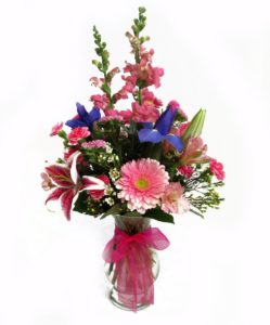 Pink Bouquet in vase accented with pink bow - gifts for her