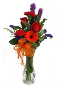 This adorable sweetheart vase with filled with gerbera daisies, roses, liatris, carnations, and filler.