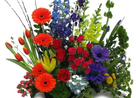 Gerbera daisies, tulips, delphinium, hydrangea, roses, snap dragons, anemone, bells of Ireland and much more are stylishly arranged and is definitely going to make their jaw drop!!!