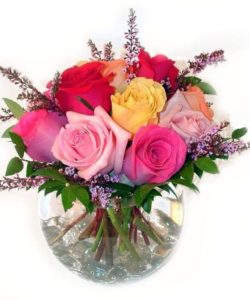 One dozen assorted colored roses designed in a clear glass bubble ball.